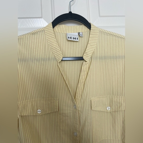 ICHI Yellow Striped Belted Shirt Dress Button Down Midi Short Sleeve Pockets - Picture 3 of 14